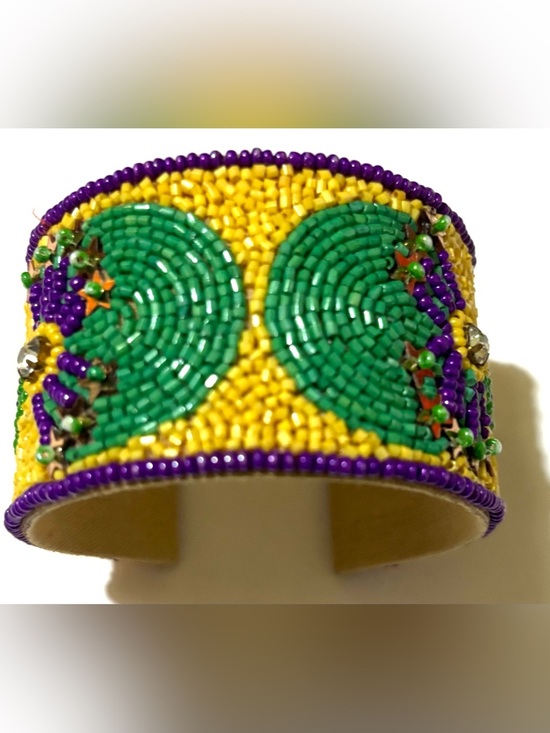 Handmade Jewelry - Hand-Beaded Yellow, Green & Purple Cuff Bracelet